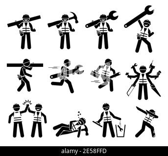 Jeu d'icônes représentant un ouvrier de la construction et un bâton de main-d'œuvre. Illustrations vectorielles de personnages de travailleurs industriels avec outils et équipements pour la construction, représentant Illustration de Vecteur