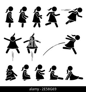 Petite fille action de base pose bâton figure icônes. Illustration vectorielle d'une petite fille debout, marchant, courant, sautant et assis sur le sol. Illustration de Vecteur