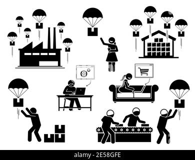 Jeu d'icônes de modèle d'entreprise de livraison par chute. Illustrations vectorielles de l'industrie de dropshipping par laquelle une fille achetant le produit en ligne par le biais de tiers vendeur. Illustration de Vecteur