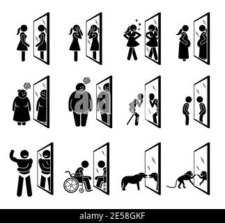 Différentes personnes regardant dans le miroir d'eux-mêmes. Illustrations vectorielles de la femme, les personnes en surpoids, le vieil homme, l'enfant, l'homme musclé, les handicapés, le chien, Illustration de Vecteur