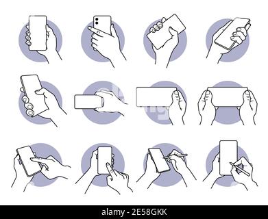 Main tenant et utilisant un smartphone avec un ensemble d'icônes d'écran blanc. Illustrations vectorielles du téléphone portable, appui du doigt sur l'écran, et Illustration de Vecteur