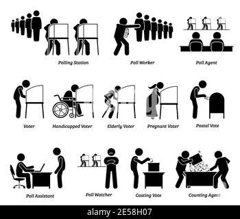 Les électeurs votant au bureau de vote lors des élections présidentielles signes et symboles. Illustration vectorielle des personnes qui votent et des travailleurs W Illustration de Vecteur