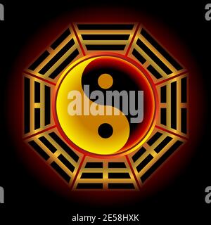 Le symbole Yin Yang est entouré par le symbole I ching (livre des changements).En faisant sortir pour avoir un rouge-noir ton Illustration de Vecteur