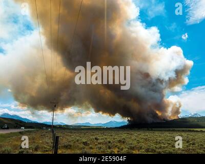 Les feux de forêt qui brûlent près du sentier du lac Hell Roaring dans la forêt nationale Sawtooth envoient un panache de fumée sur l'autoroute 78 au sud de Stanley, en Idaho Banque D'Images