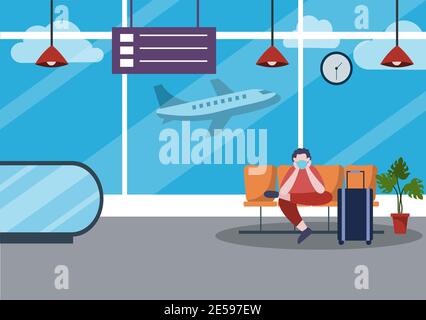 New norma, Vector illustration personnes en masques assis dans le terminal intérieur de l'aéroport, Business Travel concept. Modèle de conception à plat Illustration de Vecteur