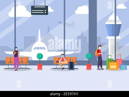 New norma, Vector illustration personnes en masques assis dans le terminal intérieur de l'aéroport, Business Travel concept. Modèle de conception à plat Illustration de Vecteur