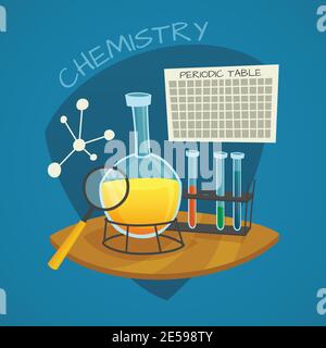 Icônes de dessin animé de laboratoire chimique avec tubes en verre pour flacons et illustration du vecteur de tableau périodique Illustration de Vecteur