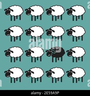Mouton noir unique dans le groupe de moutons blancs. Concept dissemblable. Illustration vectorielle superposée facile à modifier. Animaux. Illustration de Vecteur