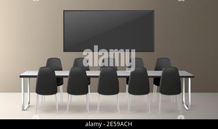 Salle de conférence pour les réunions d'affaires, les conférences et la formation dans le bureau de l'entreprise. Intérieur vectoriel réaliste de la salle de conférence avec table en métal, chaises noires et grand écran pour la présentation et la vidéo Illustration de Vecteur