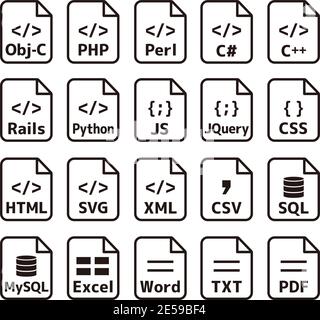 Principaux langages de programmation et formats de fichier vecteur icône jeu d'illustrations. Illustration de Vecteur