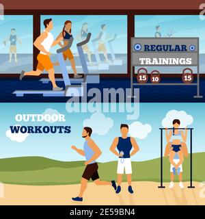 Ensemble de banderoles horizontales pour entraîneurs avec salle de gym et entraînement extérieur isolés illustration vectorielle Illustration de Vecteur