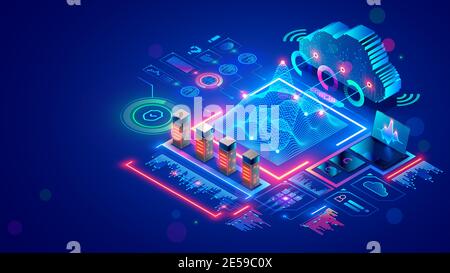 Analyse du Big Data, Cloud computing dans le datacenter. Technologie stockage, protection, traitement de l'information numérique sur Internet. Racks de serveurs dans Illustration de Vecteur