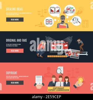 Banderoles horizontales plates de conformité avec commission d'experts sur le droit d'auteur dérobant des idées illustration vectorielle des icônes des produits originaux et factices Illustration de Vecteur