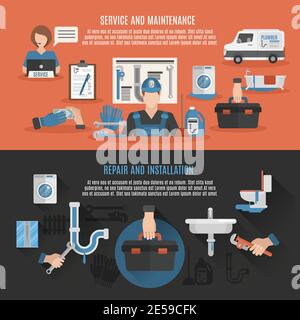 Entretien de l'installation de réparation sanitaire de plomberie et service de réparation des fuites 2 bannières plates composition poster résumé illustration vectorielle Illustration de Vecteur