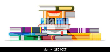 Pile de livres isolée sur fond blanc. Couverture de livre en différentes couleurs. Éducation à la lecture, e-livre, littérature, encyclopédie. Illustration vectorielle de style plat Illustration de Vecteur