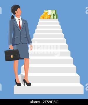 Une femme d'affaires monte à l'échelle de l'argent. Définition des objectifs. Objectif intelligent. Cible commerciale. Réalisation et succès. Concept de réussite croissance de carrière. Réalisation et objectif. Illustration vectorielle plate Illustration de Vecteur