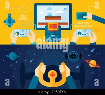 Jeu vidéo bandeau horizontal avec mains tenant les dispositifs de console illustration vectorielle isolée Illustration de Vecteur