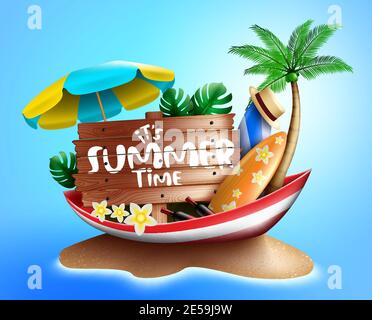 Concept vectoriel de l'heure d'été. C'est l'été texte dans les éléments de bateau avec le fond de l'île de plage pour s'amuser et profiter des vacances de saison tropicale. Illustration de Vecteur