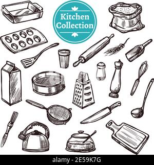 Pâtisserie et équipement de cuisine rétro ensemble dessiné à la main isolé illustration vectorielle Illustration de Vecteur