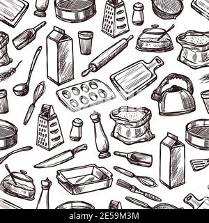 Motif de cuisson sans couture avec croquis de l'équipement de cuisine et des outils vecteur illustration Illustration de Vecteur