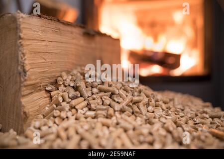 Chauffage de poêle à bois avec des granulés de bois en premier plan - économique concept du système de chauffage Banque D'Images