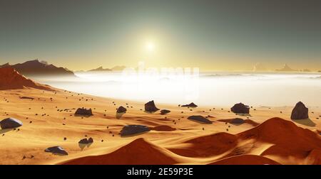 Mars, planète rouge. Désert froid sur Mars. Paysage martien avec poussière de sol, brume. Illustration 3D Banque D'Images