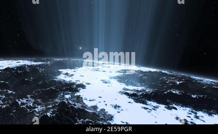 Des panaches géantes de vapeur d'eau émergeant de la lune couverte de glace, d'énormes geysers sur la lune glacée. illustration 3d Banque D'Images