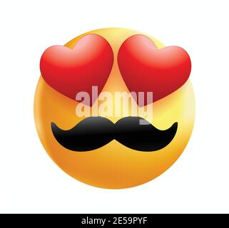 Émoticone moustache de haute qualité sourire, amour emoji isolé sur fond blanc. Emoji à visage jaune avec yeux rouges et illustration du vecteur de moustache. Illustration de Vecteur