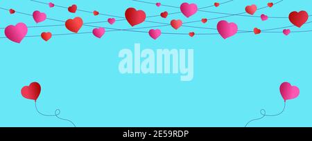 Bleu arrière-plan jour de la Saint-Valentin. Les coeurs rouges et roses pendent sur les guirlandes sur fond bleu. Illustration vectorielle Saint-Valentin jour ou anniversaire. Illustration de Vecteur