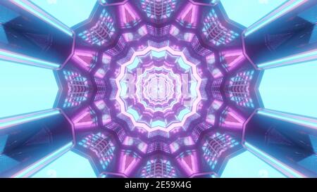 illustration 3d d'un motif géométrique abstrait avec différentes formes brillantes avec lumières néon bleues et violettes Banque D'Images