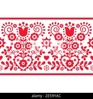 Art populaire polonais vector sans couture long motif vertical avec tulipes rouges, autres fleurs, coeurs et feuilles - Lachy Sadeckie Illustration de Vecteur