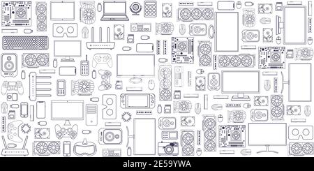 Ensemble de modèles de gadgets et de périphériques de composants matériels informatiques et accessoires électroniques Banque D'Images