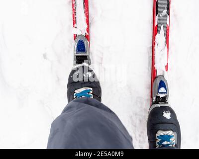 vue de dessus du skieur fixe les bottes aux skis en plastique à neige en hiver Banque D'Images
