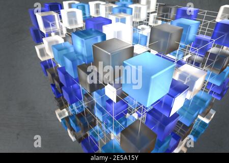 Concept d'entrepôt de données. Un cube de données connectées en perspective. Veille stratégique et analyse des données. Banque D'Images