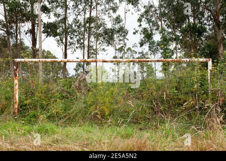 Un terrain de football et un but rouillé, complètement envahi par la végétation, près du village de Ladrido, dans l'estuaire d'Ortigueira, dans le nord de la Galice, en Espagne. Banque D'Images