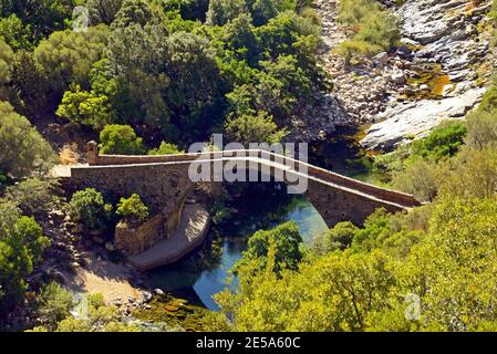 Vieux pont Spenlunca près du village d'Ota, Patrimoine mondial, France, Corse, Porto, Otago Banque D'Images