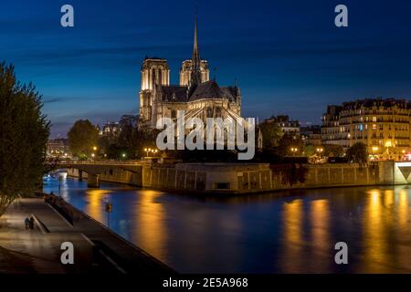 Paris - France, 1er novembre 2017 : notre dame de Paris vue de nuit de la Seine Banque D'Images