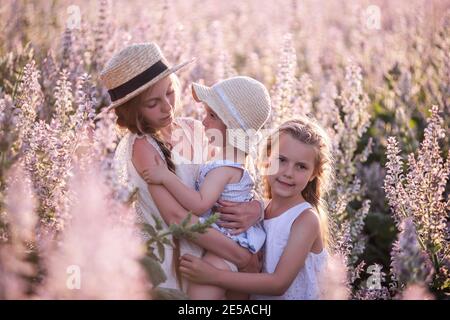 Trois sœurs en sundresses blanches se embrassent. Les filles jouent dans le champ de fleur de sauge pourpre. Bonne famille dans l'amour. Marche en plein air, heureux c Banque D'Images