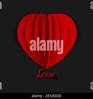Papier art coeur rouge sur fond noir avec texte amour. Coupe de papier. Cœur rouge Illustration de Vecteur