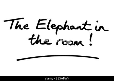 L'éléphant dans la chambre ! manuscrit sur fond blanc. Banque D'Images