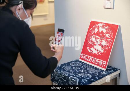 (210127) -- SYDNEY, le 27 janvier 2021 (Xinhua) -- UNE femme visite l'exposition des héritages culturels intangibles de la province de Jiangsu, dans l'est de la Chine, au Centre culturel de la Chine à Sydney, en Australie, le 27 janvier 2021. Une exposition de patrimoines culturels intangibles de la province de Jiangsu, dans l'est de la Chine, apportera à Sydneysiders un festin culturel pour le prochain nouvel an lunaire chinois. L'exposition, inaugurée mercredi, a présenté sept techniques du patrimoine culturel immatériel hautement représentatives de la province de Jiangsu, dont des gravures du nouvel an sur bois de Taohuawu, le brocart de Nanjing Yun, su broding an Banque D'Images