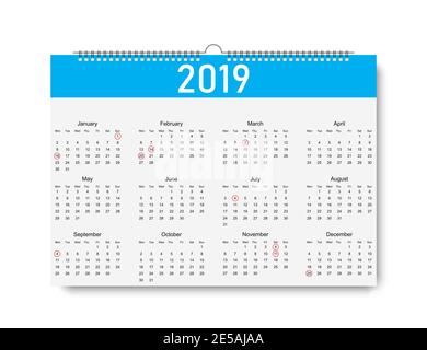 Calendrier tendance sur 2019 ans. Jours de vacances. Calendrier avec ombre sur fond vierge. La semaine modèle du calendrier 2019 commence le dimanche. Modèle calend Illustration de Vecteur