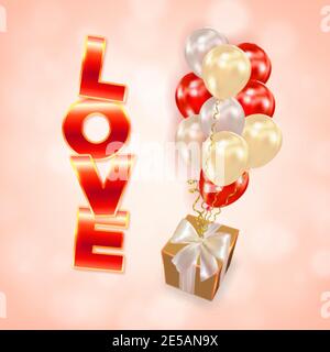 Boîte de cadeaux réaliste avec ballons d'air et inscription Love. Design de vacances pour fête, anniversaire, anniversaire de Saint Valentin, mariage. Vecteur Illustration de Vecteur