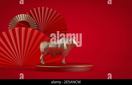 Nouvelle année chinoise de l'arrière-plan Ox. Décorations rouges et dorées. Rendu 3D Banque D'Images