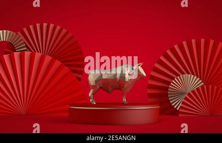 Nouvelle année chinoise de l'arrière-plan Ox. Décorations rouges et dorées. Rendu 3D Banque D'Images