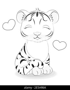 livre de coloriage mignon bébé tigre symbole 2022, 2034 nouvel an, photo à la main dessin style de dessin animé, pour t-shirt vêtements mode imprimé, carte de voeux Illustration de Vecteur