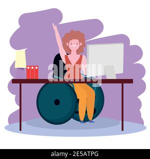 femme handicapée assise dans un fauteuil roulant travaillant avec un ordinateur sur le bureau, illustration vectorielle d'inclusion Illustration de Vecteur