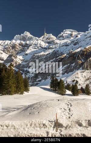 Mont Saentis en hiver, Schwaigalp, canton d'Appenzell-Rhodes-extérieures, Suisse Banque D'Images