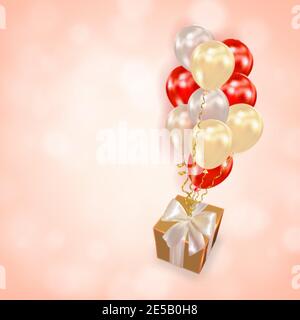 Boîte de cadeaux réaliste avec ballons d'air sur fond rose. Design de vacances pour fête, anniversaire, anniversaire de Saint Valentin, mariage Illustration de Vecteur