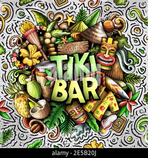 Illustration de l'oeddle de dessin animé dessiné à la main de Tiki Bar. Design hawaïen amusant Illustration de Vecteur